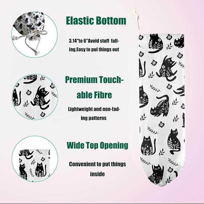 Cat Plastic Bag Holder for Kitchen Essentials, Wall Mount Plastic Bag Holders for Grocery Bags, Cute Vintage Flowers Grocery Bags Storage Dispenser for Home Kitchen Pantry Decor, Cat Gifts for Women
