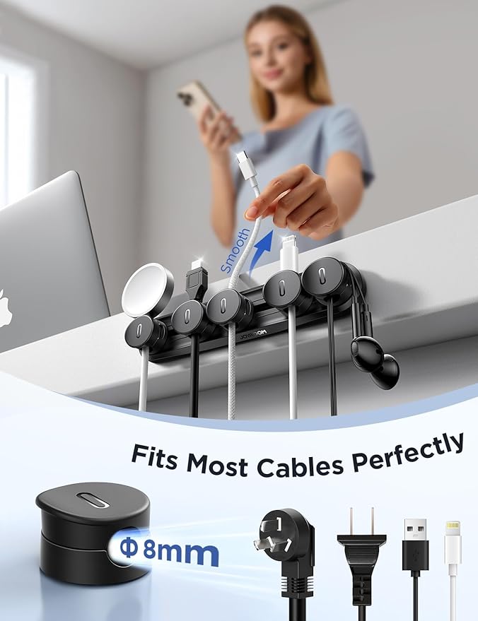 5-in-1 Magnetic Cord Organizer JOYROOM Cable Clips [Adjustable Sliding Track] Under Desk Adhesive Cord Management Wire Keeper for Computer, Phone, Office Workspaces, Table Organization, Home Accessories