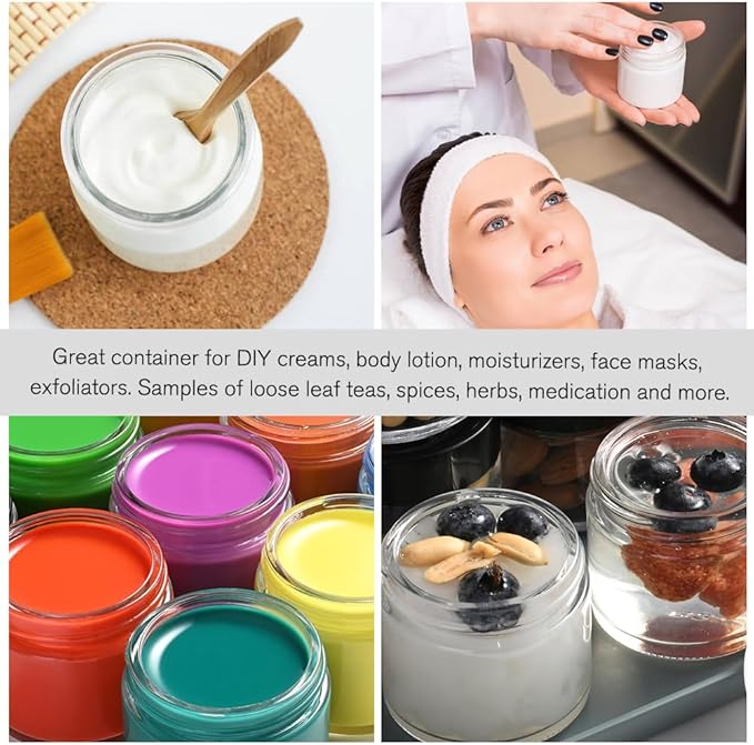 2 oz Small Glass Containers with Lids, Glass Jars with Woodgrain Lids & Inner Liners, Reusable Travel Containers for Creams, Makeup, Lotion, Cosmetic - 3 pack