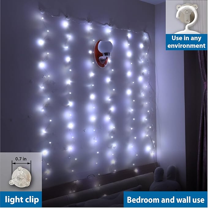 ZSJWL 3.3×5ft Short Curtain Lights with 8 Hook for Small Windows, 96 LED White Photo Clips String Light with 52 Clear Clips, Remote Control 8 Modes USB Plug Fairy Lights for Bedroom, Party, Wall