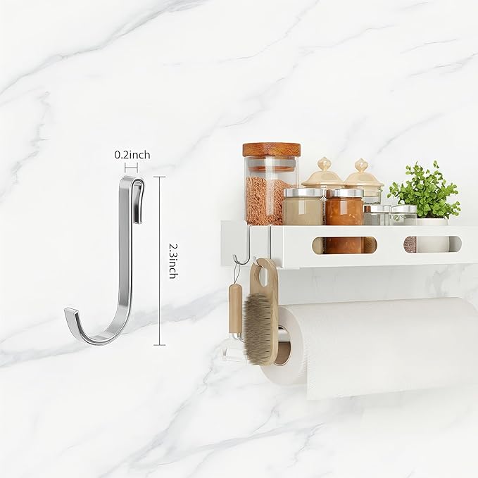 Paper Towel Holder Wall Mount for Kitchen, Paper Towel Holder with Shelf for Bathroom, RV Paper Towel Rack with 2 Hooks, White
