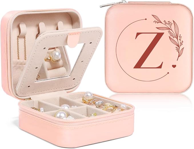 SANDJEST Personalized Jewelry Box, Pink Small Travel Jewelry Box with Initial Z, Monogrammed Jewelry Case Organizer for Girls Women Teen, Mini Travel Essentials Gifts for Christmas Birthday