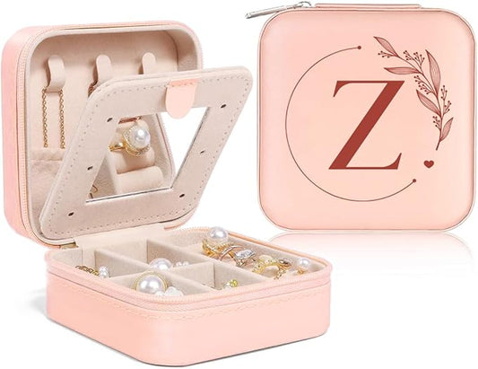 SANDJEST Personalized Jewelry Box, Pink Small Travel Jewelry Box with Initial Z, Monogrammed Jewelry Case Organizer for Girls Women Teen, Mini Travel Essentials Gifts for Christmas Birthday