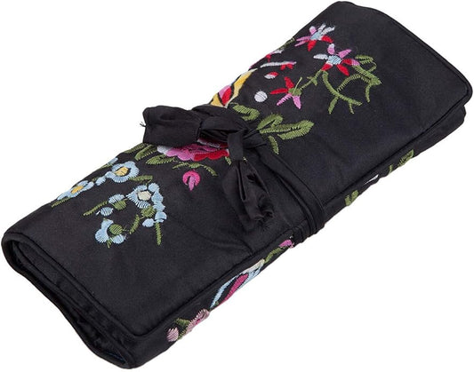 TUMBEELLUWA Embroidery Travel Jewelry Bag Roll Embroidered Flower and Bird Brocade Organizer with Tie Close