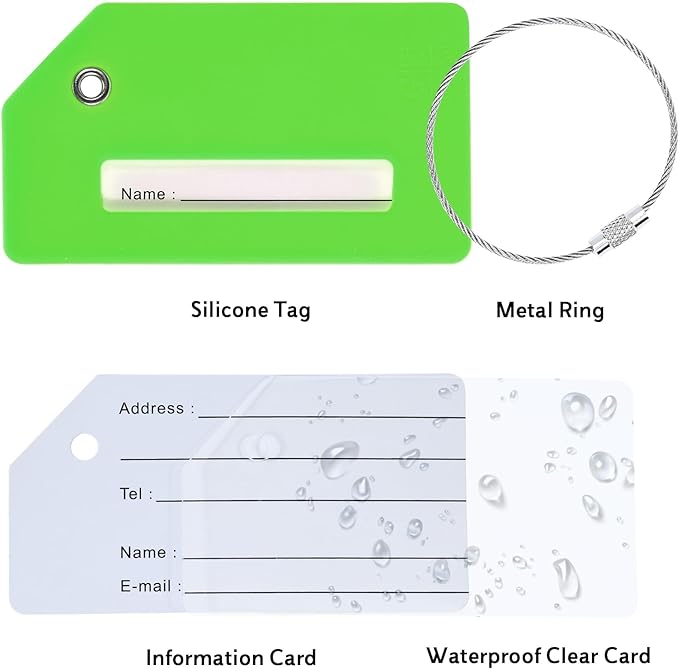 5 Pack Silicone Luggage Tag for Suitcases with Stainless Loop, TSA Approved, Privacy Protection Travel Essentials Bag Tags by Gostwo, Green