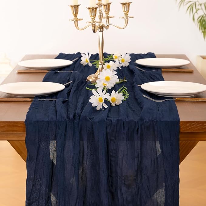 Socomi 6pcs Navy Blue Summer Cheesecloth Table Runner Boho Rustic Gauze 120 inch 10FT Cheese Cloth Sheer Runner for Wedding Party Baby Shower Birthday Home Decor Holiday Decorations