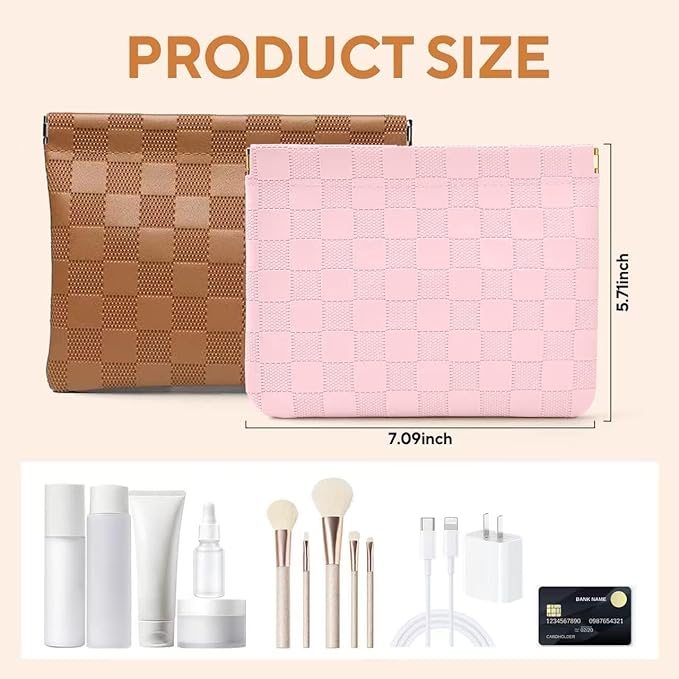 2-Pack Small Waterproof Checkered Makeup Bag - Portable Leather Travel Toiletry Bag Organizer with Snap Closure, Aesthetic Travel Storage Pouches for Women's cosmetic bag for purse (Pink&Brown)