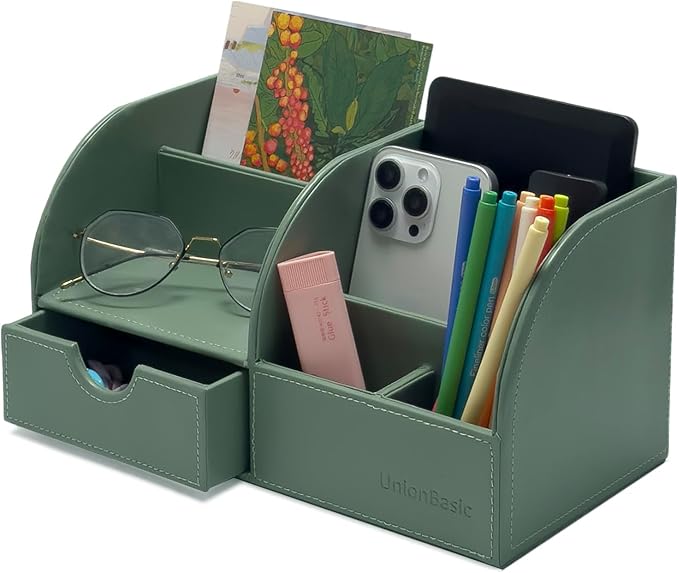 UnionBasic Desk Organizer, Multi-functional Leather Desktop Office Organizer, Pen Holder - Business Card/Pen/Pencil/Mobile Phone/Stationery Holder Storage Box, Malachite Green
