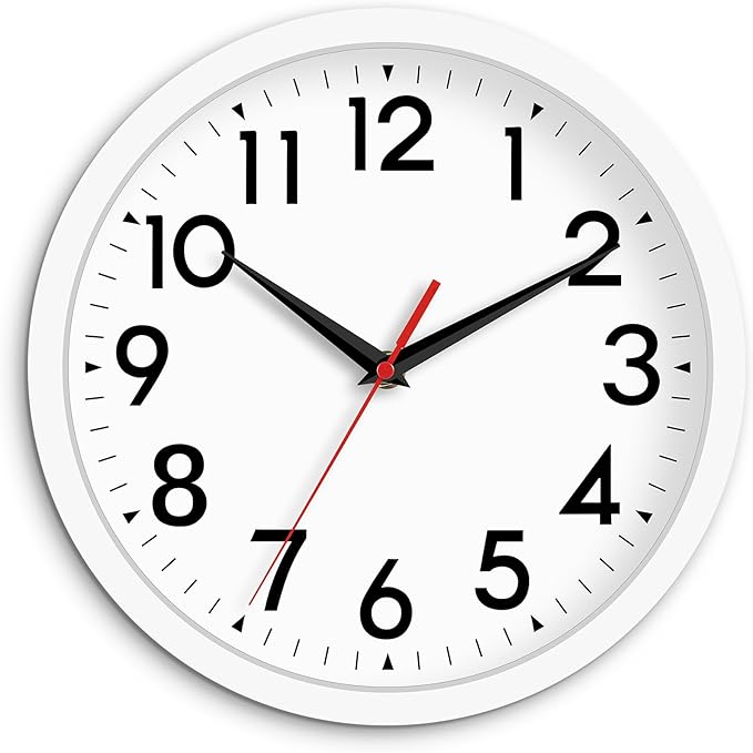 Wall Clock Modern Battery Operated 10 Inch Simple Silent Non-Ticking Analog Decorative for Kitchen Bathroom Bedroom Office Living Room School Classroom (White)