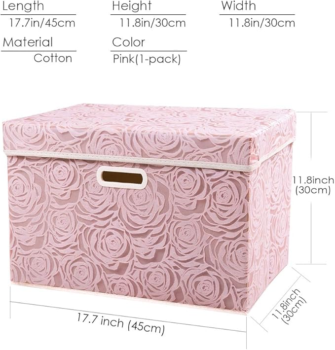 PRANDOM Larger Collapsible Storage Bin with Lid [1-Pack] Fabric Decorative Storage Box Cube Organizer Container Basket with Handles Divider for Bedroom Closet Living Room Pink 17.7x11.8x11.8 Inch