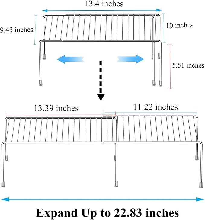 Kitchen Cabinet Expandable Shelf Organizers, Adjustable Metal Wire Pantry Storage Shelves, Plate Dish Organizer Rack for Cabinets, Cupboard, Counter, Freezer, Countertop, Chrome