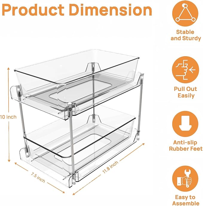 2 Pack Clear Under Sink Organizers, Pull Out Cabinet Organizer,2 Tier Bathroom Storage Organizer,Cabinet Drawers Organization Bins with Track for Kitchen,Pantry,Fridge,Vanity