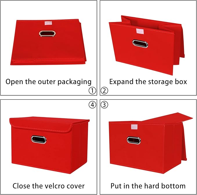 Linen Fabric Foldable Collapsible Storage Cube Bin Organizer Basket Fabric Storage Bins with Lid, Leather Handles, Removable Divider for Home, Closet, Red 3Pcs