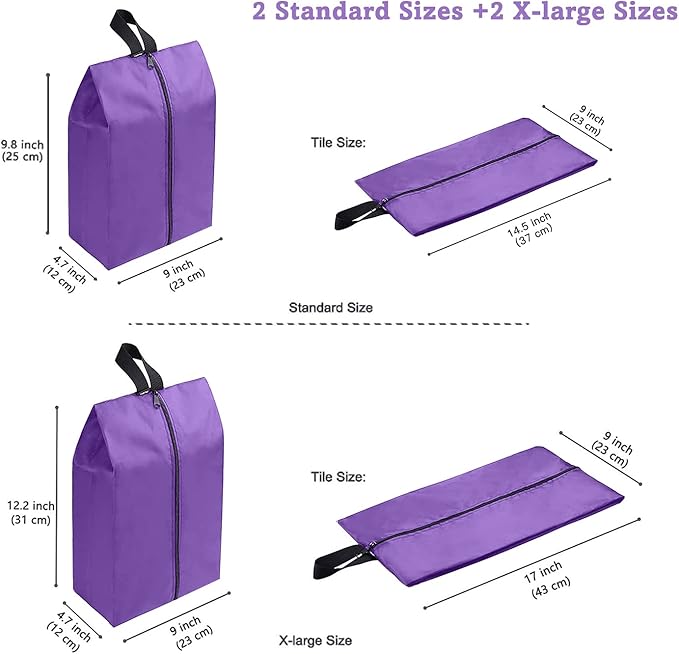 YAMIU Travel Shoe Bags Set of 4 Waterproof Nylon with Zipper for Men & Women, Purple