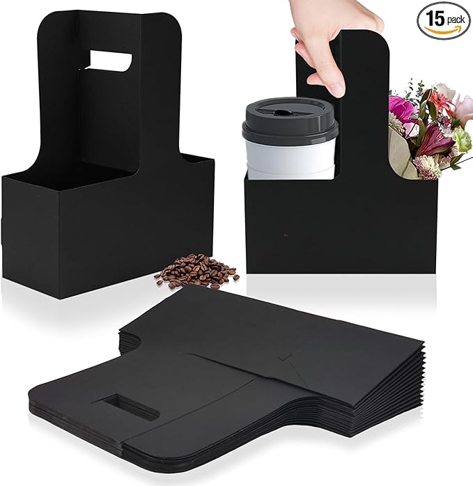 2 Cup Disposable Drink Carrier for Delivery with Handle,15 Count Black Paperboard Cup Holder,Cup Carriers for Hot or Cold Drinks,Coffee Carrier, Food Delivery,Take Out Cup Carriers (Black, 15 PCs)