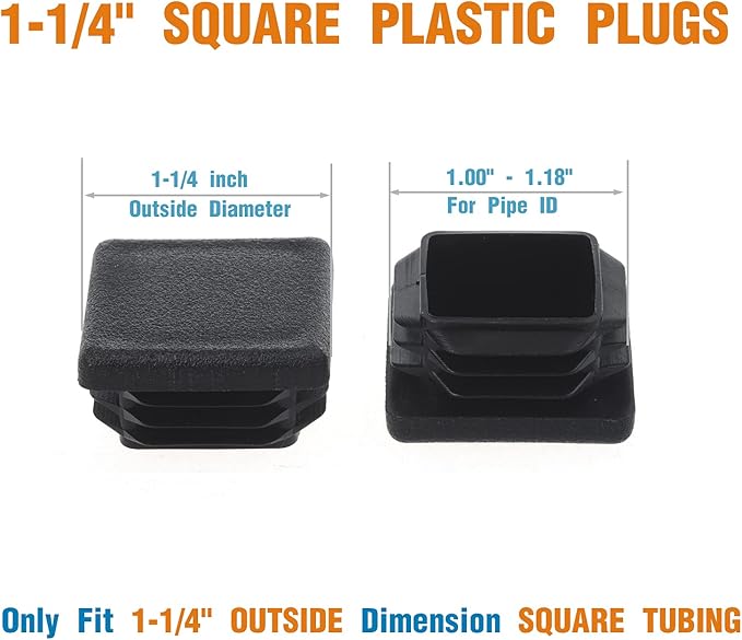 1-1/4 Inch Square Plastic Plug, End Caps for Tubing Pipe OD 1-1/4" x 1-1/4" (not ID), Steel Chair Leg End Caps, Bar Stool Glides Inserts, Fence Plugs, Furniture or Fitness Equipment End Caps (12 Packs)