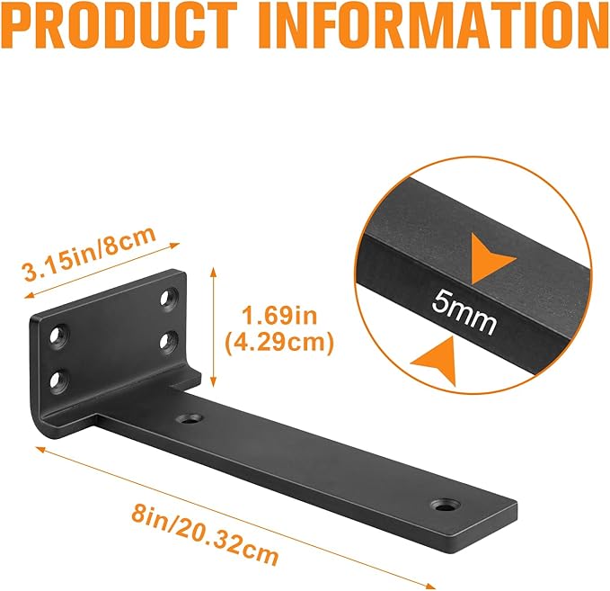Floating Shelf Brackets 8 inch 8 Pack L Brackets for Shelves Black Metal Heavy Duty Shelf Bracket for DIY Decorative with Mounting Hardware