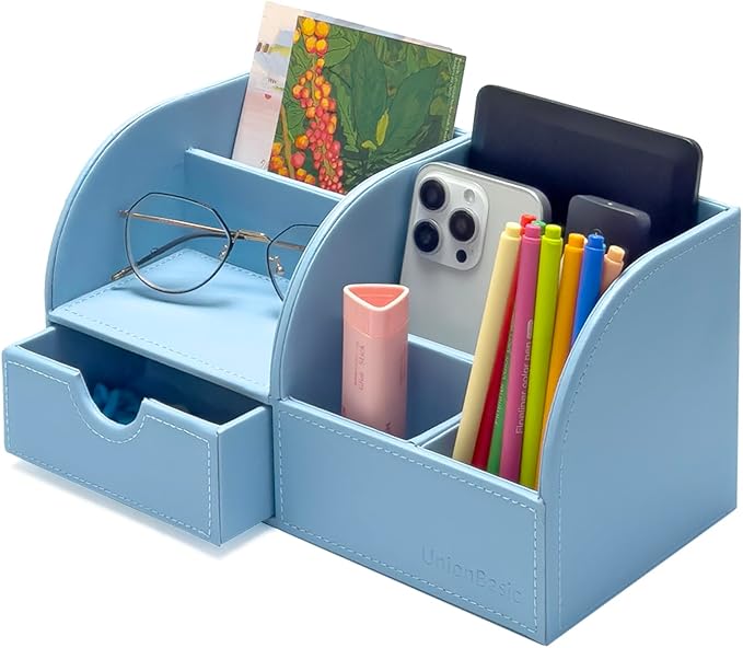 UnionBasic Desk Organizer - Multifunctional Leather Desktop Pen Holder Storage Box - Business Card/Pen/Pencil/Mobile Phone/Stationery Holder, Blue