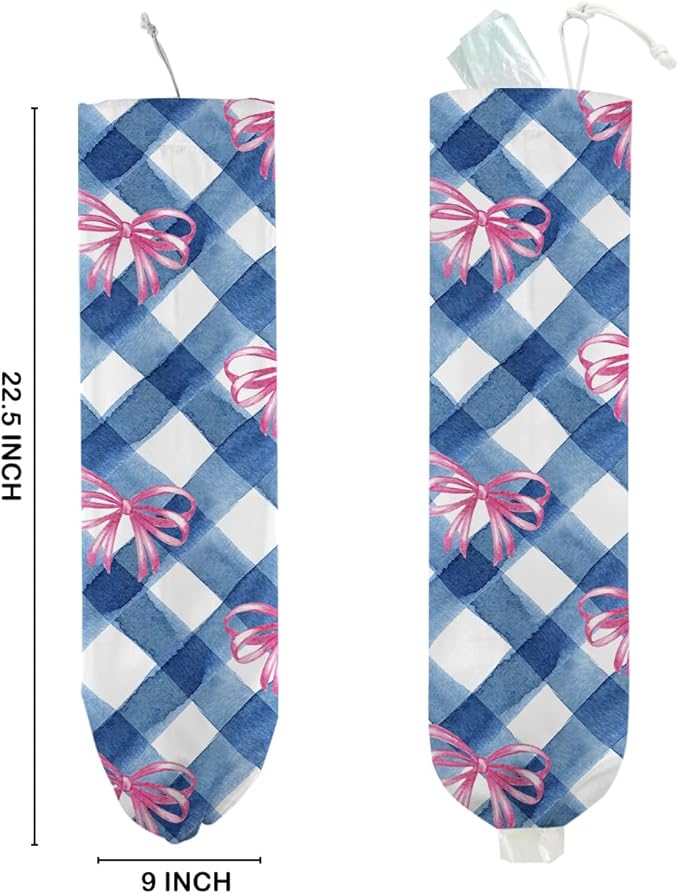 Pink Bow Plastic Bag Holder for Kitchen Essentials, Wall Mount Grocery Bag Holder for Plastic Bags, Blue White Plaid Reusable Shopping Bags Storage Dispenser for Home Kitchen Pantry, 22.5x9 Inch