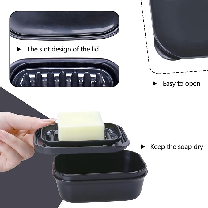 1 Pack Soap Travel Container Portable Soap Case Leakproof Soap Box Soap Saver Dish with Cover Plastic Soap Bar Holder for Camping Outdoor Bathroom Shower Gym Hiking Traveling（Black）