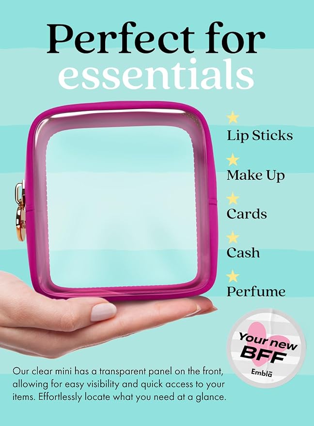 Clear Makeup Bag Zipper Pouch, Transparent Cosmetic Case Organizer, TSA Approved Travel Toiletry Case, Travel Accessories Essentials Makeup Tote for Women, Mini Cute Make up Bag for Purse - Fuchsia