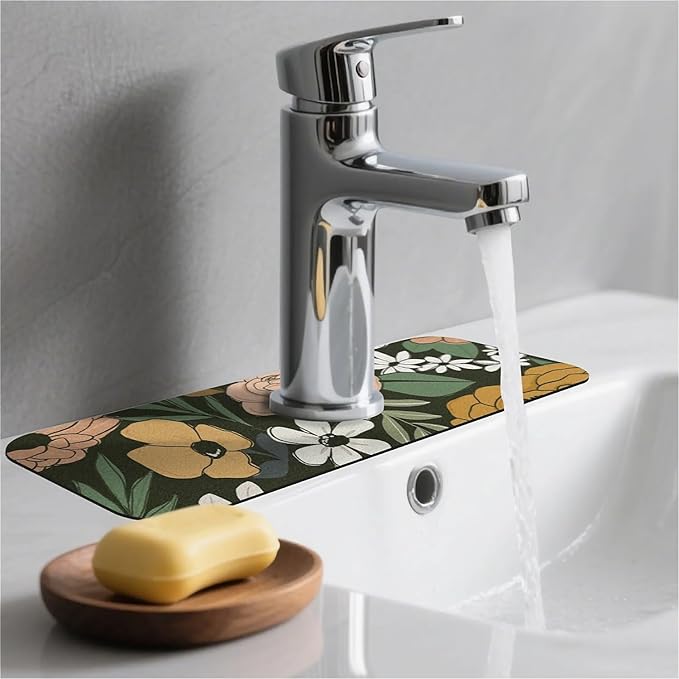 Kitchen Sink Splash Guard, Vintage Large Floral Faucet Mat Sink Gadgets - Super Absorbent Fast Drying Mat Drip Catcher for Kitchen, Bathroom, Sink Mat, Dish Drying Mat, Bathroom (15" X 5.5")