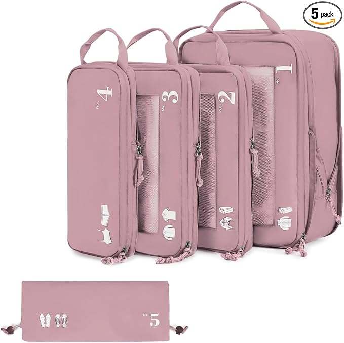 ECOHUB 5 Set Compression Packing Cubes for Suitcases Organizer Bags Set Travel Essentials with Shoe Bag for Traveling Tear-resistant Travel Accessories with ID Tag Expandable Packing Bags(Pink)