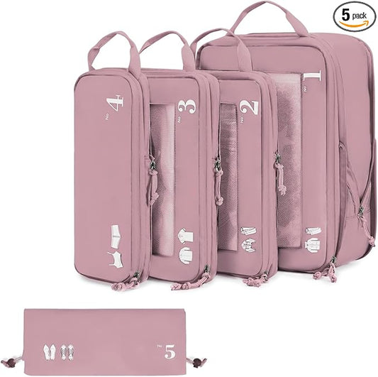 ECOHUB 5 Set Compression Packing Cubes for Suitcases Organizer Bags Set Travel Essentials with Shoe Bag for Traveling Tear-resistant Travel Accessories with ID Tag Expandable Packing Bags(Pink)