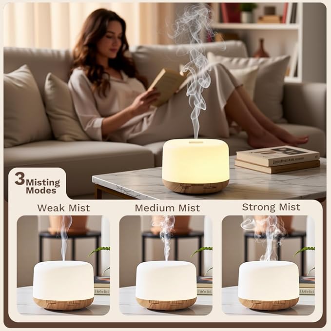 500ml Premium Essential Oil Diffuser,Quiet 4-in-1 Ultrasonic Aromatherapy Humidifier,7 Color LED Lights,with Adjustable Automatic Timer Off Function and Spray Mode. (Light Woodgrain, Basic Edition)