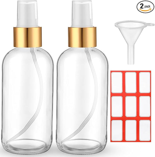 Fumete 2 Pack Glass Bottles 4oz Empty Refillable Liquid Containers with 1 Label 1 Funnel for Essential Oils Hair Travel Plants Cleaning Skin Care(Clear, Golden Top,Mist Bottle)