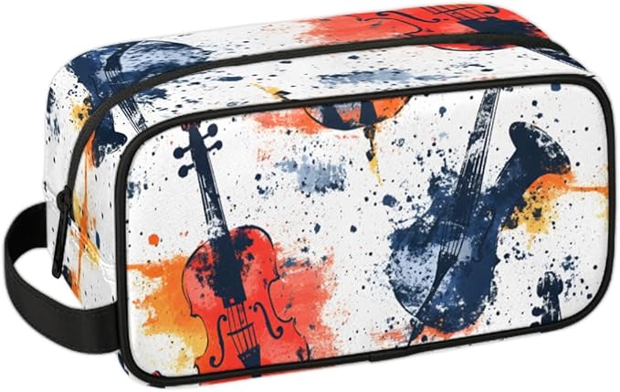 Violin Splash Art Travel Toiletry Bag for Women, Waterproof Cosmetic Makeup Bag with PU Handle & Zipper, 2 Compartment Portable Shaving Bag for Bathroom, Gym, Business Trips