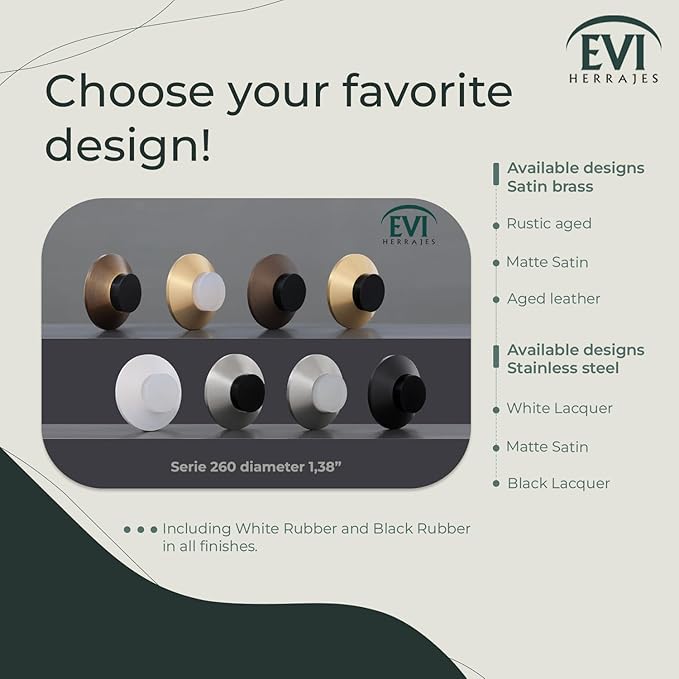 Evi Herrajes | Adhesive Door Stop | Wall Mounting | 1.37x0.59 | Black Lacquered Stainless Steel | Conical Shape | Two Rubbers Included | Adhesive or Screw Installation