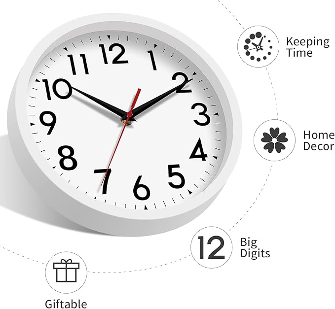 12 Inch Wall Clock Battery Operated Silent Non Ticking Analog Modern Decorative for Office Kitchen Outdoor Living Room Classroom Bedroom Bathroom School (White)