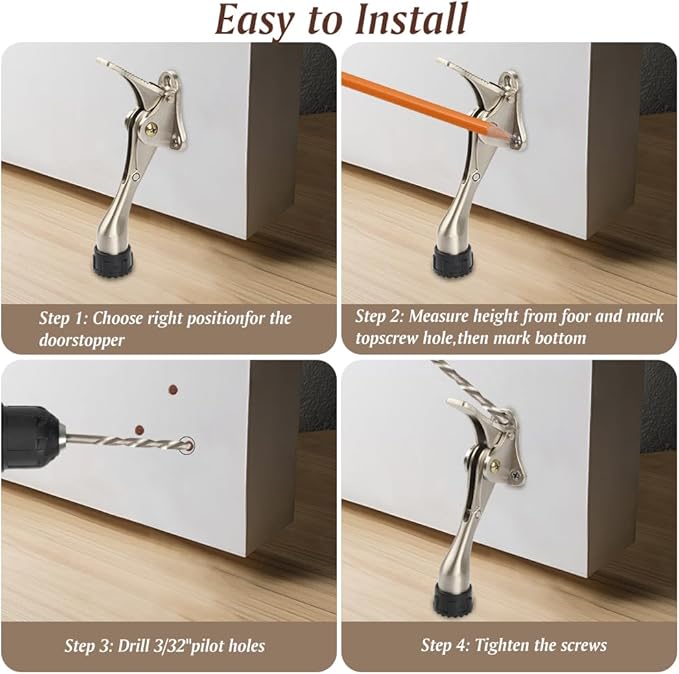 Kickdown Door Stopper 4 Inches - 4 Packs One Touch Adjustable Height Door Stop for The Bottom of Door The Bottom of Door Aluminum Alloy Metal Door Stopper with Rubber Tip White