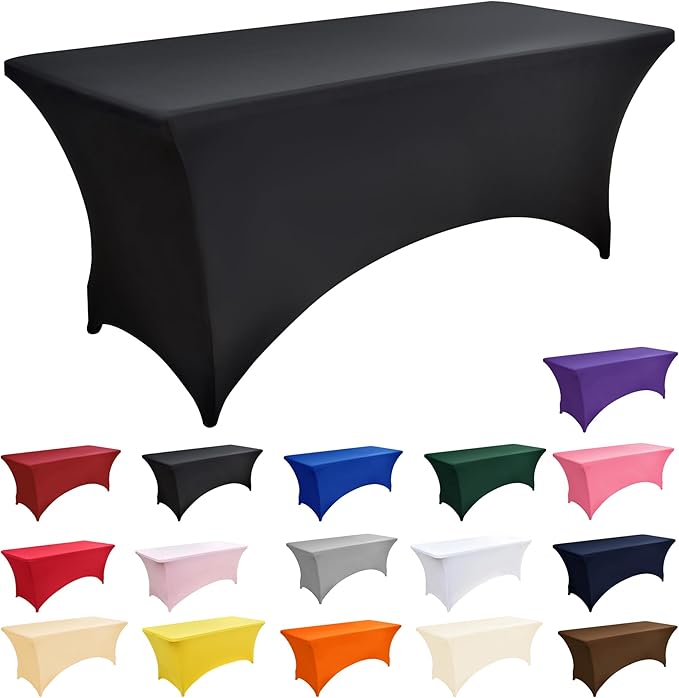 ZarzaaSik 6-Pack 4ft Spandex Black Table Covers for Rectangular Folding Tables - Wrinkle Resistant Stretch Tight Table Cloths - Ultimate Fitted Table Protector for Parties, Trade Shows, and Wedding