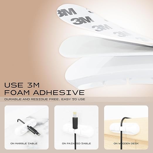 USB Cable Organizer Clips Cord Holder, 6 Packs (7-Slots) White Self Adhesive Desk Cord Cable Management
