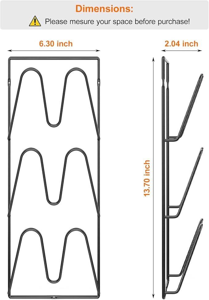 2 Pack Pot Lid Organizer Rack, 6-Tier Pot Lids Holder for Cabinet Door/Wall, No Drilling Adhesive Wall/Door Mounted Rustproof Pot and Pan Cover for Kitchen Storage, Classic Black