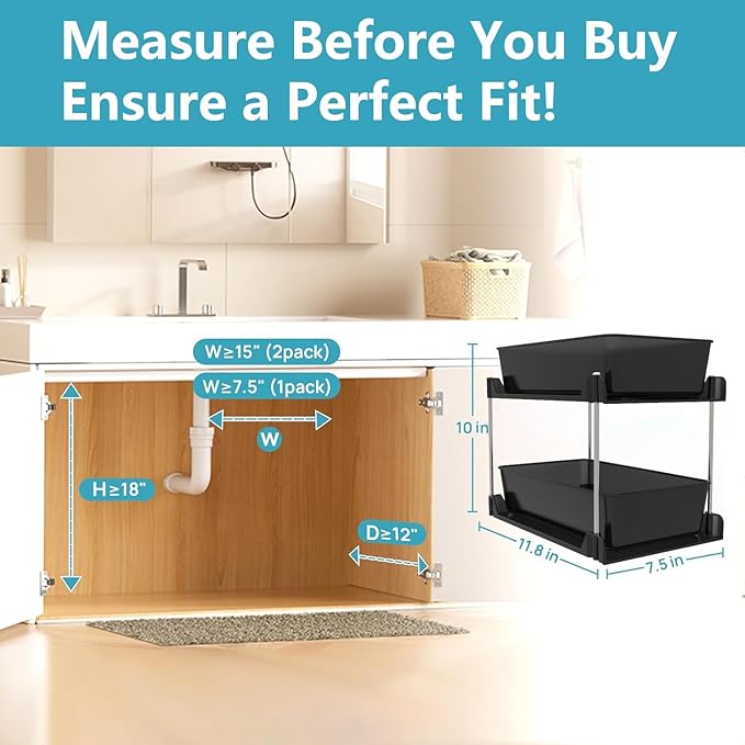 2 Pack 2 Tire Under Sink Organizer, Bathroom Organizers and Storage,Cabinet Drawers Bins, Pull-Out Organization with Track for Pantry, Kitchen,Fridge,Vanity Countertop (Black Clear