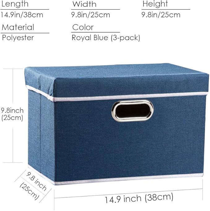 PRANDOM Collapsible Storage Bin with Lid [3-Pack] Fabric Foldable Storage Box Organizer Container Basket Cube with Cover for Home Bedroom Closet Office Nursery Royal Blue (14.9x9.8x9.8)
