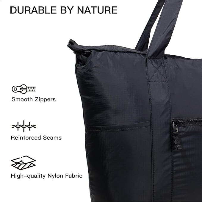 Foldable Lightweight Travel Duffel Tote Bag, Nylon and Polyester Packable Totes with Zipper, 23-28L Collapsible Compact Large for Women and Men, Black