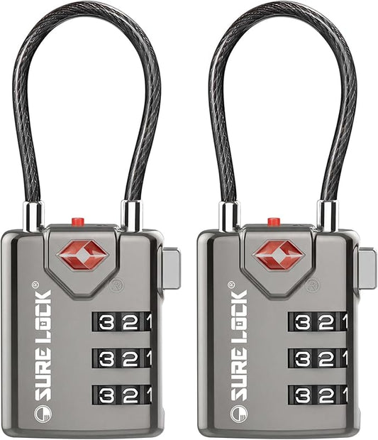 SURE LOCK TSA Approved Combination Luggage Locks with Open Alert Indicator – Durable Zinc Alloy Cable Travel Locks with Large Easy-Read Dials for Suitcases, Backpacks & Gym Bags(Grey 2 Pack)