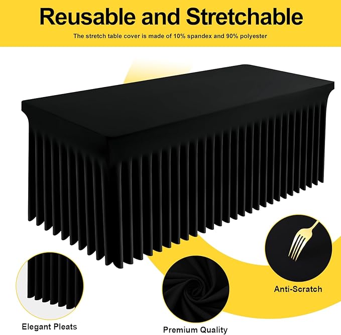 Smiry Spandex Tablecloth, Elastic Fitted Stretch Tablecloth for 5FT Rectangle Tables, Waterproof Washable Table Cover Skirt for Outdoor, Wedding, Banquet & Parties (Black, 60Lx30Wx30H Inch)