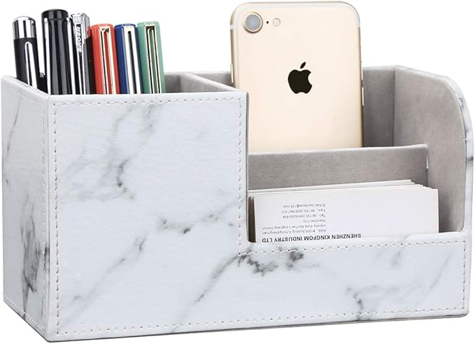 KINGFOM Desk Organizer Office Supplies Caddy Pu Leather Multi-function Storage Box Pen/Pencil,Cell phone, Business Name Cards Remote Control Holder Gray Marble