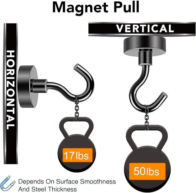 MIKEDE Magnetic Hooks, 50LB+ Heavy Duty Magnet Hooks for Cruise Cabins, Super Neodymium Hanging Hooks Black Strong Magnets with Hook for Fridge, Magnetic Hanger for Grill, Toolbox - Pack of 4