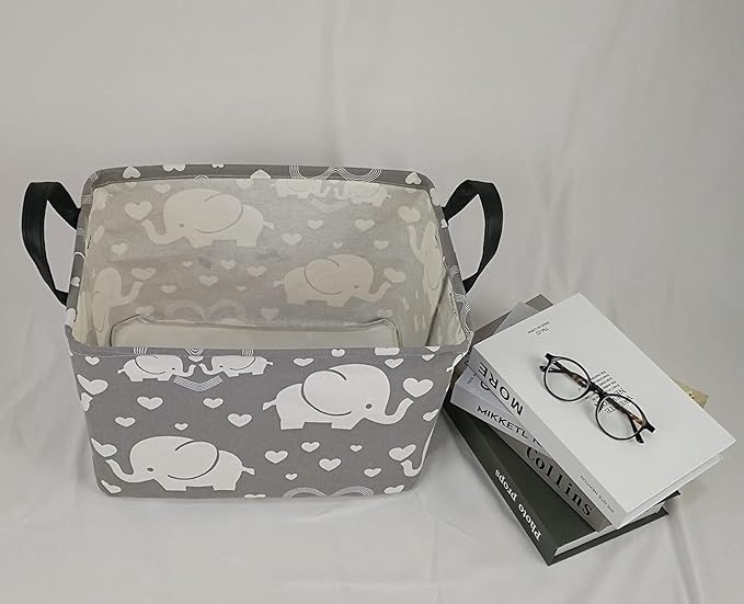 Rectangle Gift Storage Basket Home Shelf Storage Basket Organizer Box Clothes Laundry Hamper Nursery Basket Laundry Basket with Handles (love elephant)