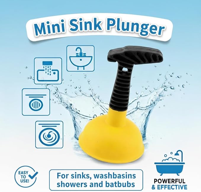 Sink Plunger, Mini Plunger with Short Handle & Drain Clog Remover, Easy to Use Powerful Unclogging Tool for Kitchen Sink, Shower Tub, Bathroom Drains, Bath