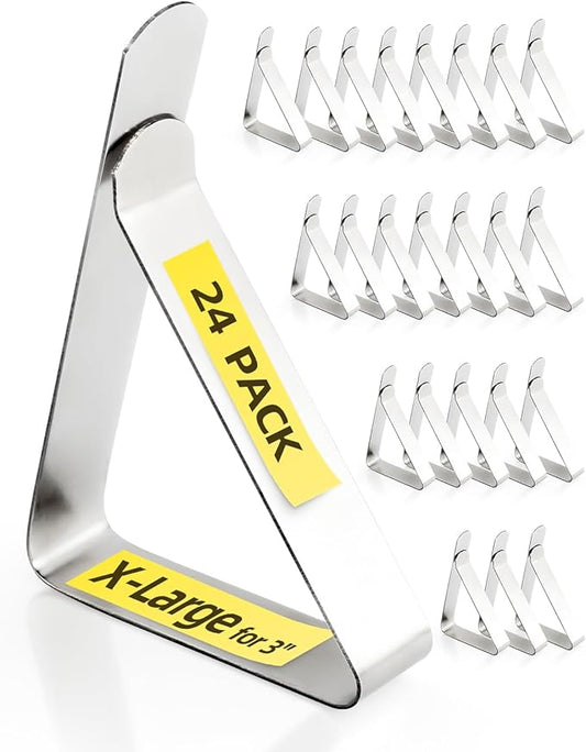 Tablecloth Clips for 3'' Thick Tables - 24 Pack Heavy Duty Stainless Steel Picnic Table Cover Clamps, Silver