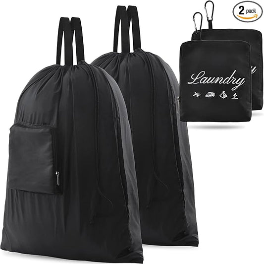 2 Pcs Travel Laundry Bag, JHX Dirty Clothes Bag 【Upgraded】 with Handles and Aluminum Carabiner, Collapsible Laundry Bag for Travel, Camp, Fitness, and Students（Black） 24"L x 21"W