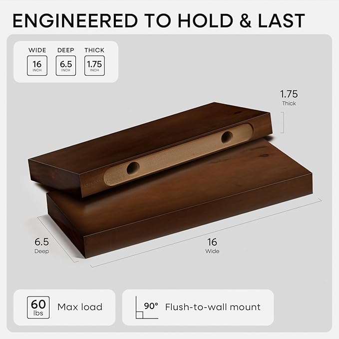 Homeforia Walnut Floating Bathroom Shelves, High-End Solid Real Wood 16-inch Small Floating Shelf for Wall Mounting, Dark Brown 16-inch Floating Shelves, Heavy Duty Bracket, 16 X 6.5 X 1.75 in, Set of 3