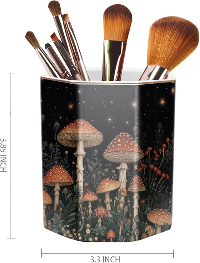 WAVEYU Pen Holder, Pencil Cup for Desk, Cute Desk Organizer, Durable Ceramic Decorative Makeup Brush Desktop Accessories, Stylish Stationery for Office, Home, Cute Mushroom Pattern